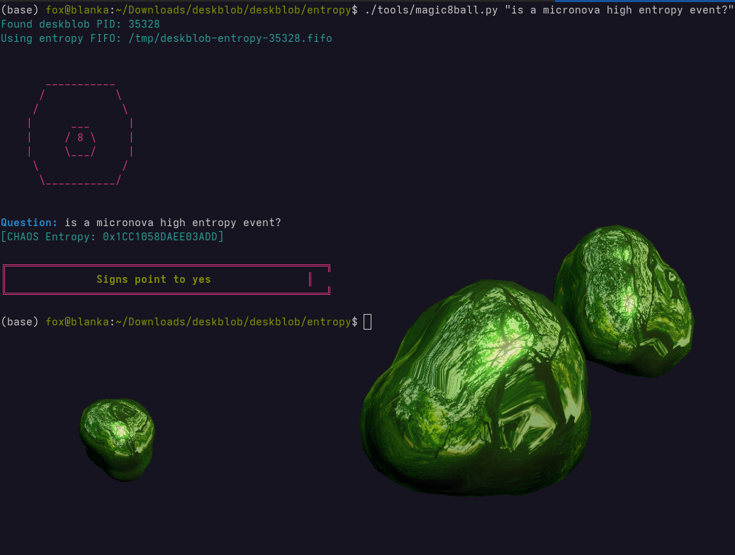 magic8ball.py consuming deskblob entropy: ASCII 8-ball answers 'Signs point to yes'