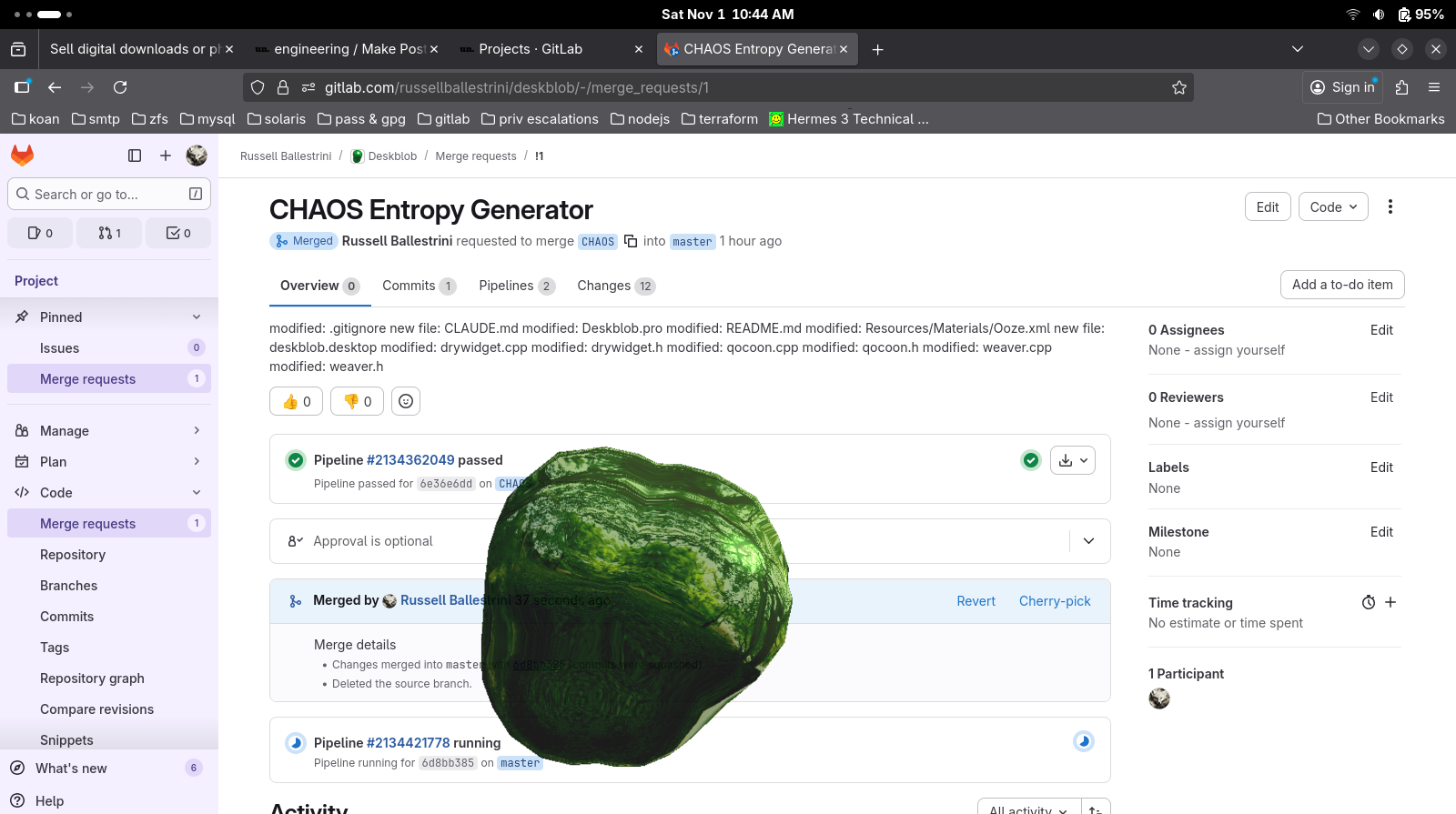 GitLab merge request for CHAOS Entropy Generator, merged into master with passing pipeline