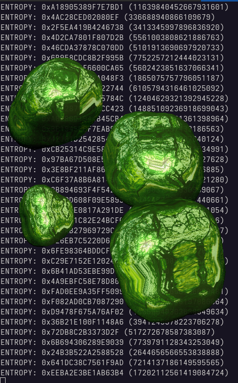 Deskblob entropy stream, hex values streaming alongside 3D green blob renders